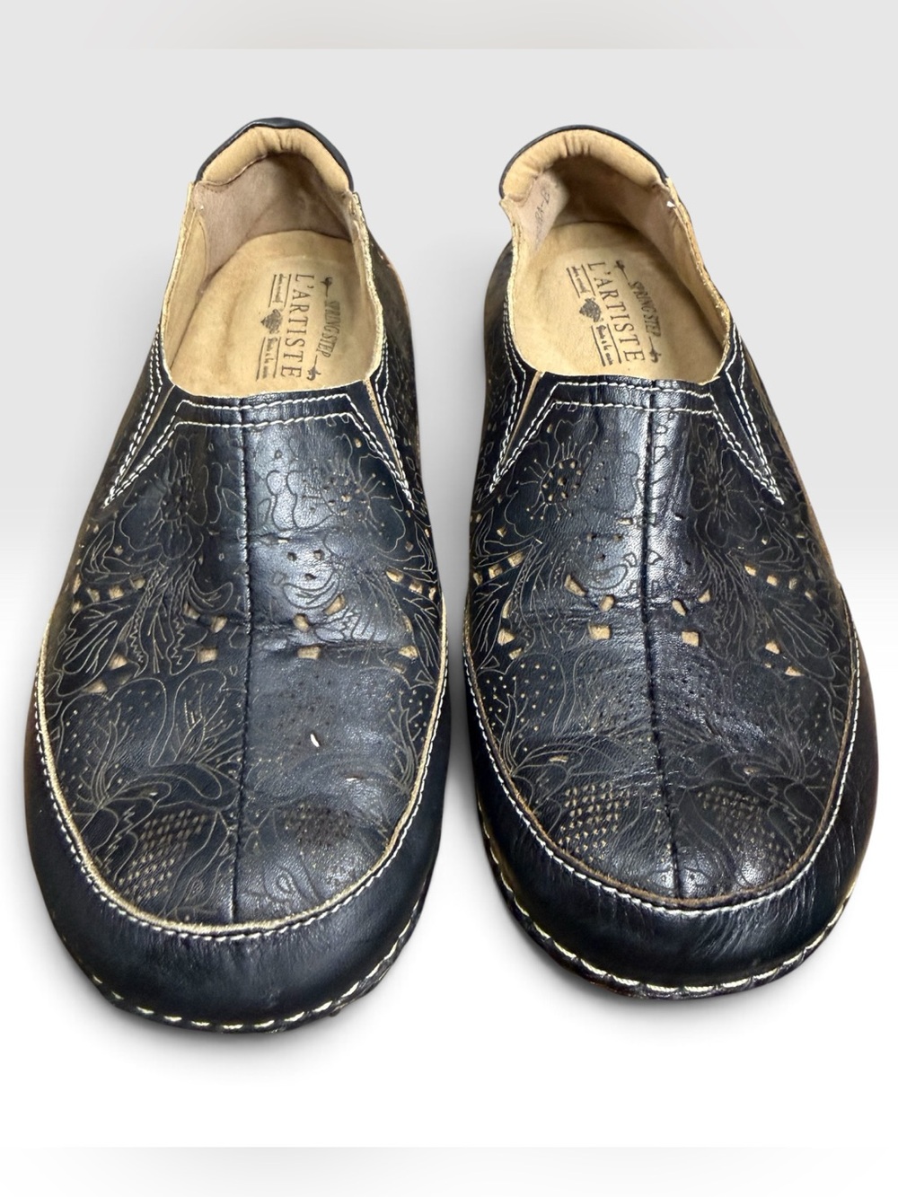 L’Artiste Spring Step Libora Black Hand Painted Leather Loafers EU 38 7.5-8